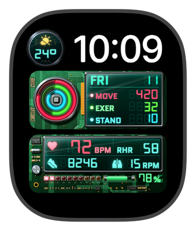 CIRCUIT CORE watch face on an Apple Watch