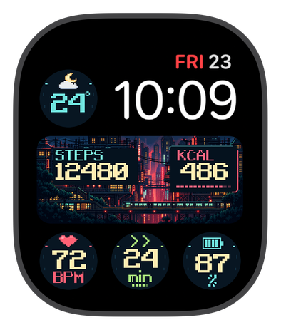 NEON DISTRICT watch face on an Apple Watch