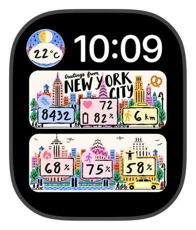 Greetings NYC watch face on an Apple Watch