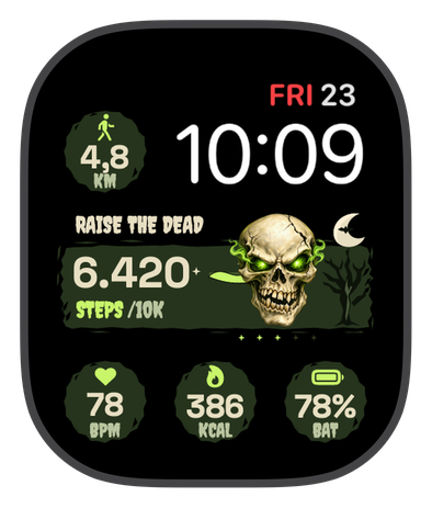 RAISE THE DEAD watch face on an Apple Watch